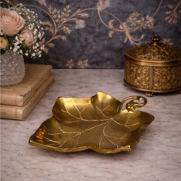 Other - Vintage Solid Brass Leaf Dish Trinket Tray MCM Hollywood Regency Decor